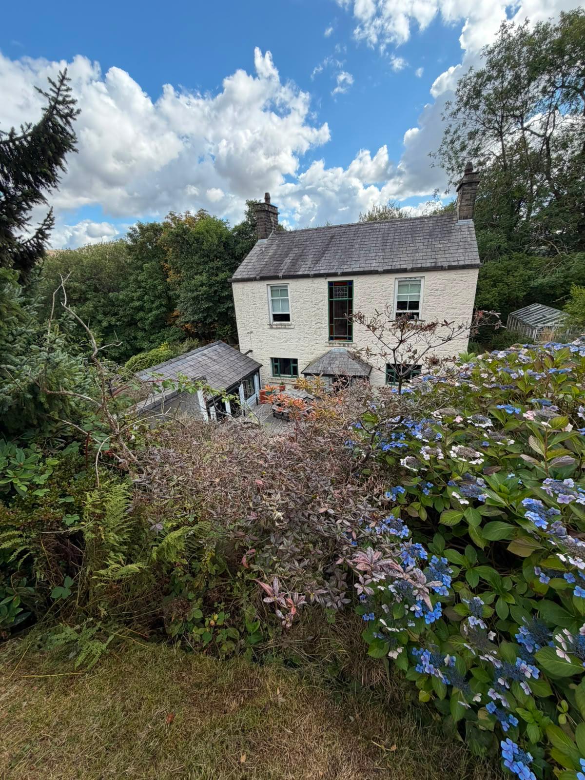The stone cottage seen from the hydrangea garden on a bright summer day